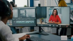 woman using film editing software - choosing video editing software - gomakemovie